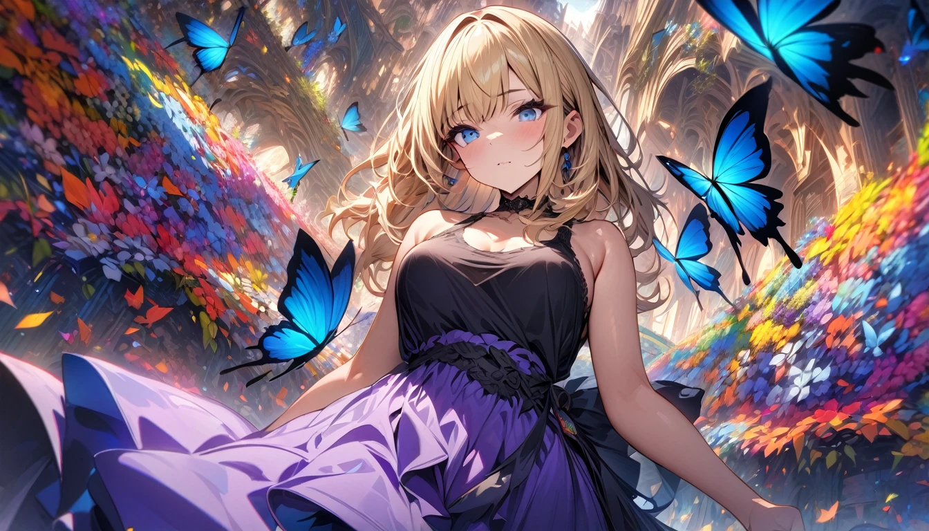 ((masterpiece)), (((best quality))), ((extremely detailed)), colorful, hdr, 1girl, solo, black tank top, blond hair, blue eye, black and purple dress, (blue butterfly), white butterfly wings