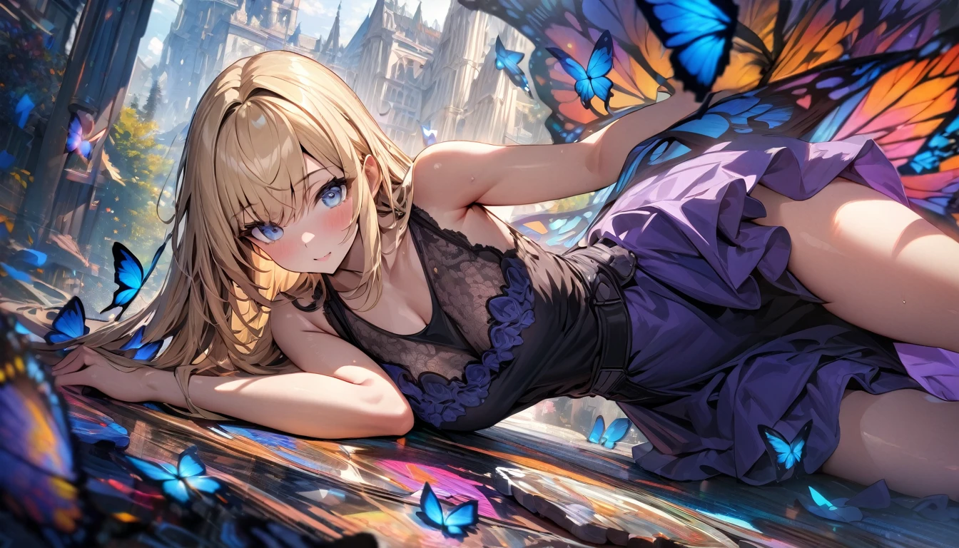((masterpiece)), (((best quality))), ((extremely detailed)), colorful, hdr, 1girl, solo, black tank top, blond hair, blue eye, black and purple dress, (blue butterfly), white butterfly wings