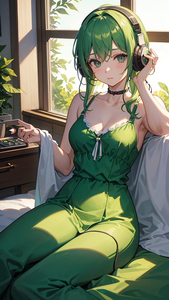 A green-haired woman lay by the window.,Put on the headphones..