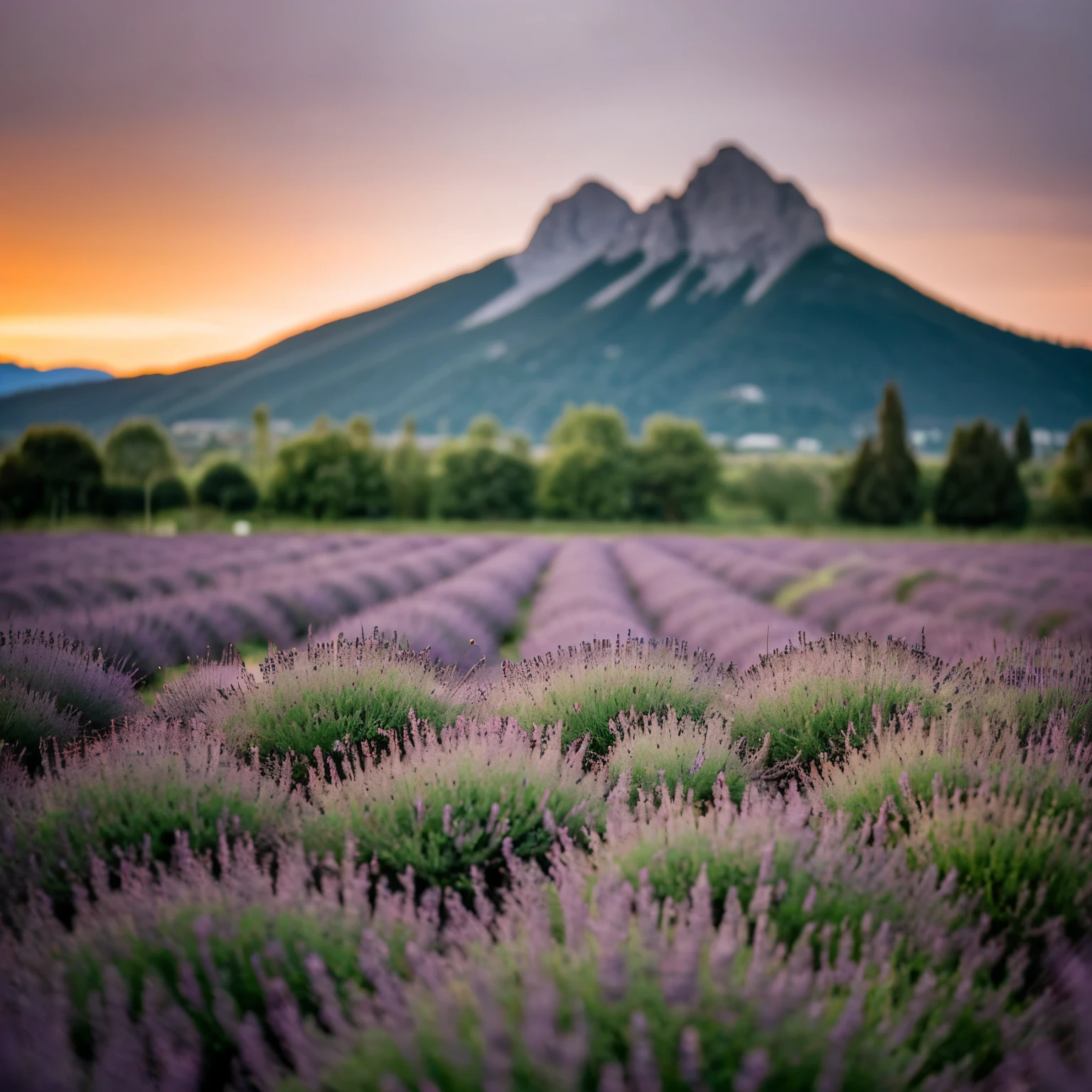 (depth of field:1.6), chiaroscuro, bokeh, f/1.2, Realism, Verism, close-up, UHD, highres, 1080P, HD, best quality, high quality, super detail, lavender field, at sunset, summer, against the background of mountains5