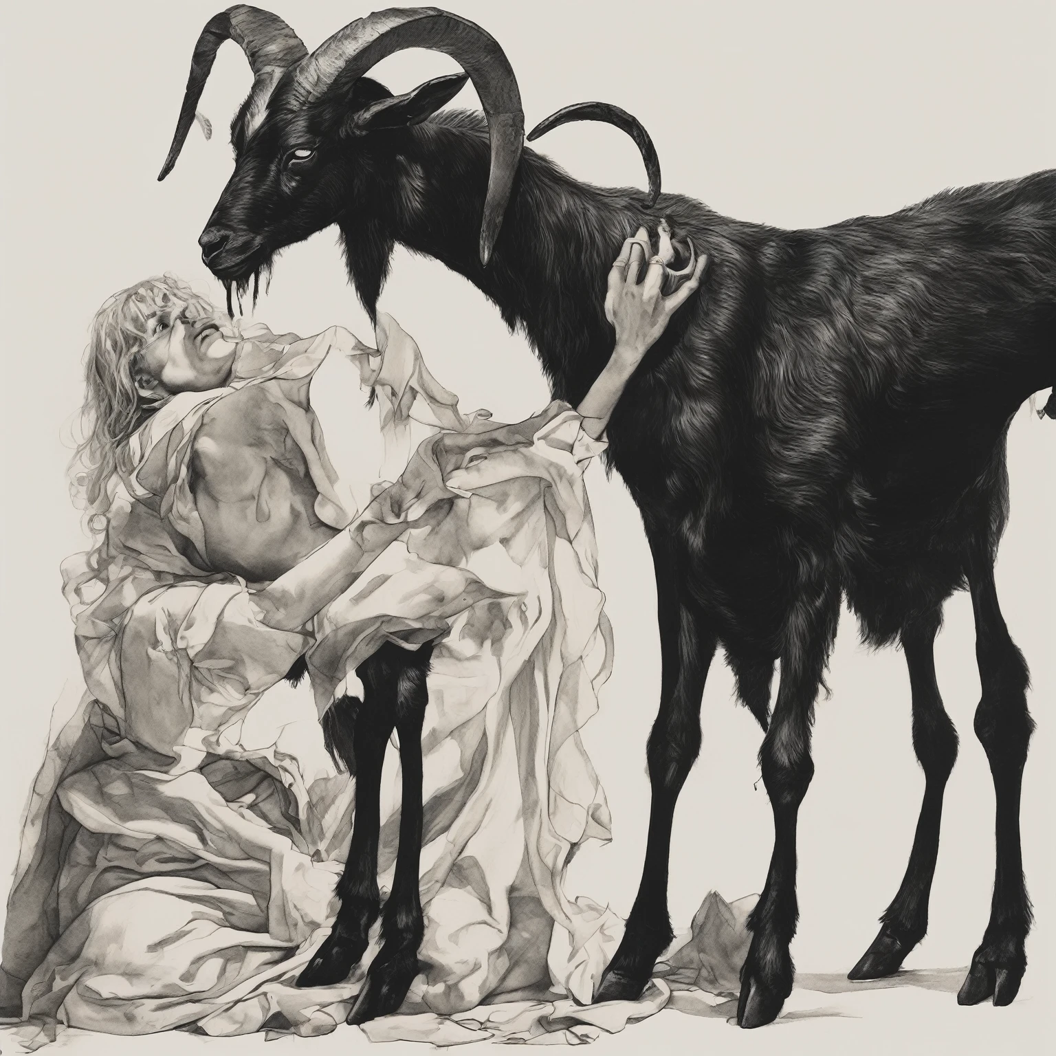 "(the best lighting, High contrast, dark, dramatic),(Blonde girl next to a giant black goat, Open the rib cage, autopsy, cauldron with human bones, blood on the walls). Luz Caravaggio"