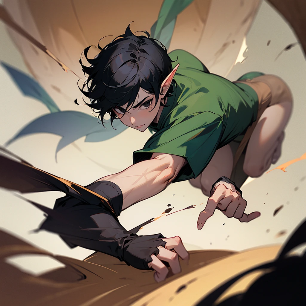 A man with short hair, black hair, black eyes, black shirt, elf race, is a wizard.