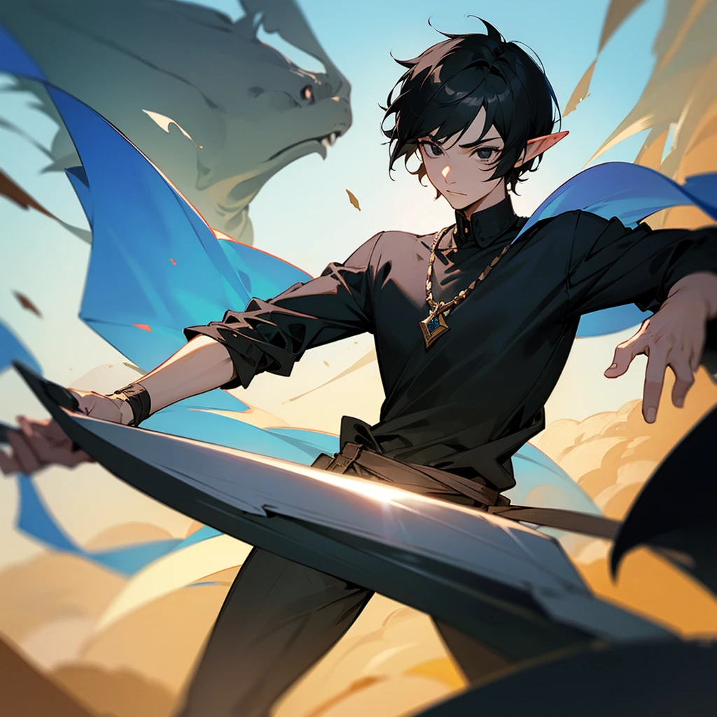 A man with short hair, black hair, black eyes, black shirt, elf race, is a wizard.