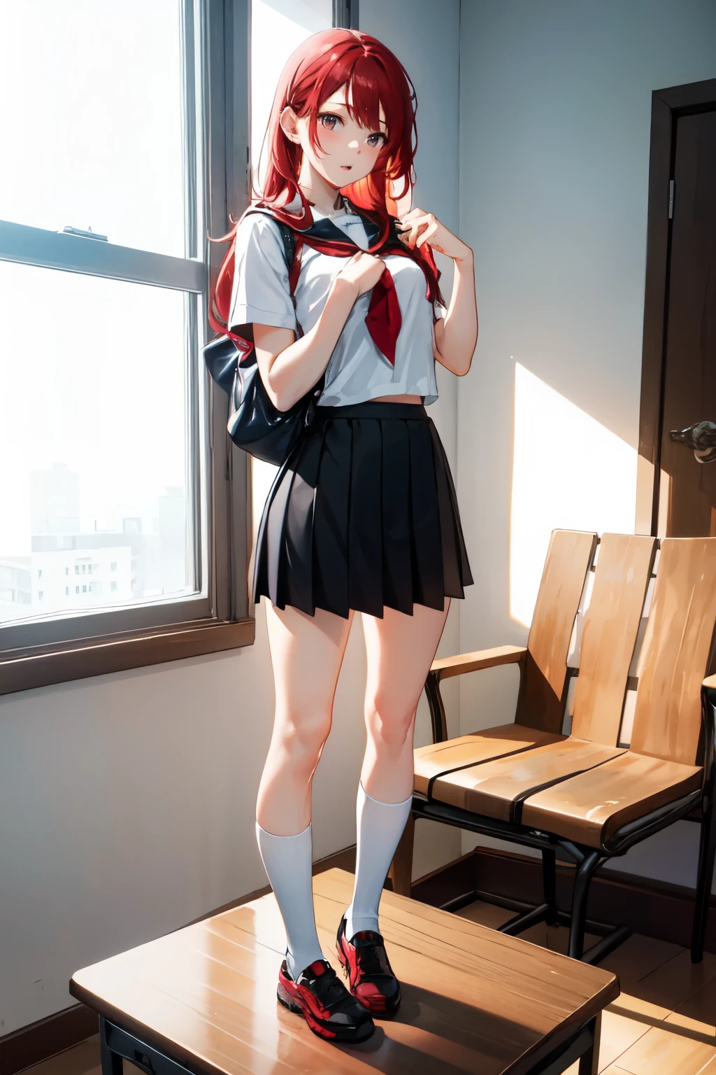 high school student is in the middle of taking off her .、The figure shows her holding up her skirt with her hands. red hair