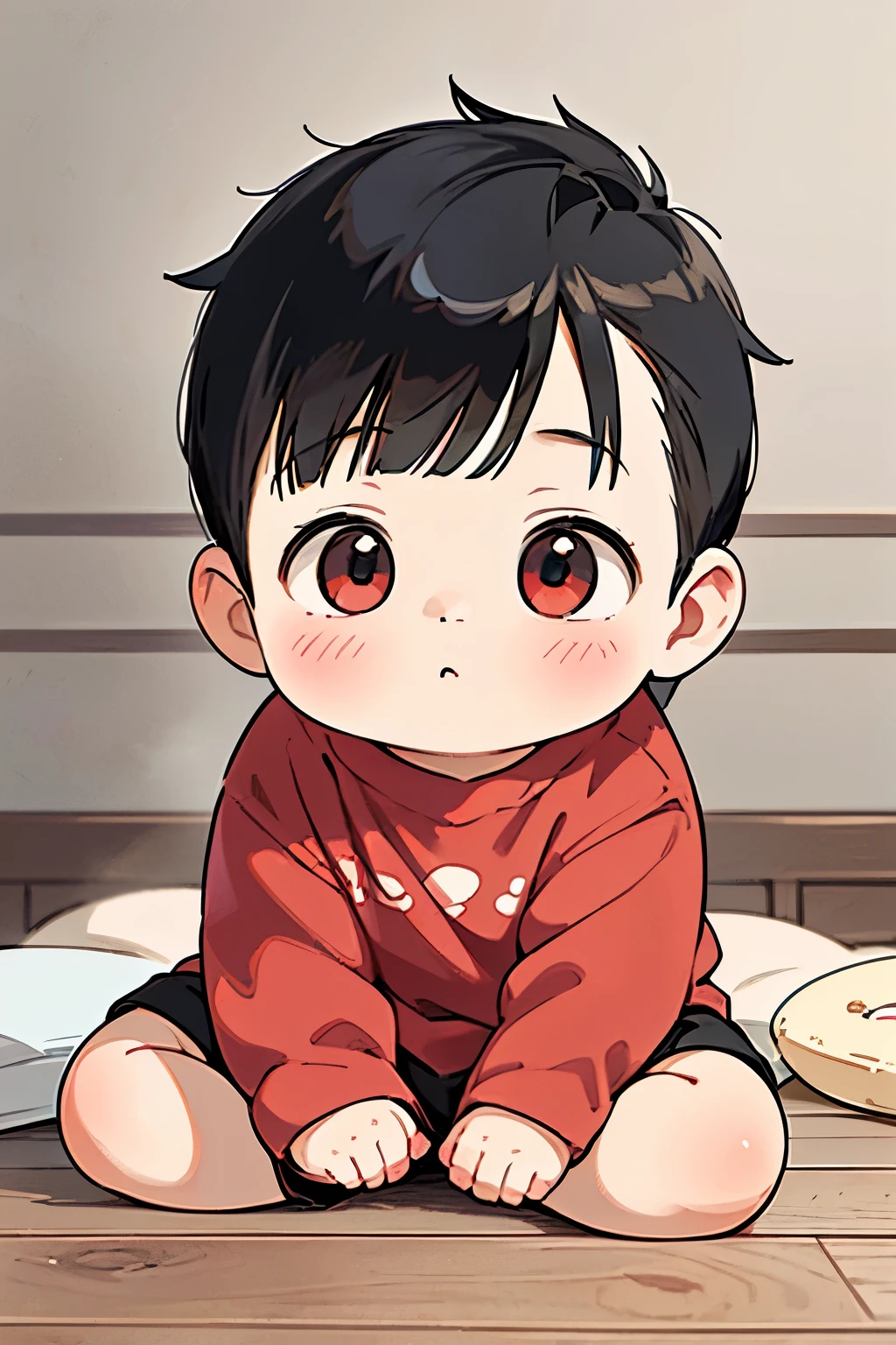 (high-quality, breathtaking),(expressive eyes, perfect face) portrait, Symmetrical Eyes, 1boy, solo, 1 month old, black hair, red coloured eyes, short hair, spiked hair, fluffy hair, baby face, grey background, wooden floorboard, stone wall background, detailed eyes, sitting in a pile of blankets, red shirt, black shorts, rattle
