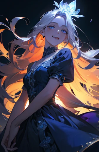 A princess laughing joyfully, detailed face, blue eyes, bioluminescent red dress, very long hair, flying hair, magical, high resolution, masterpiece