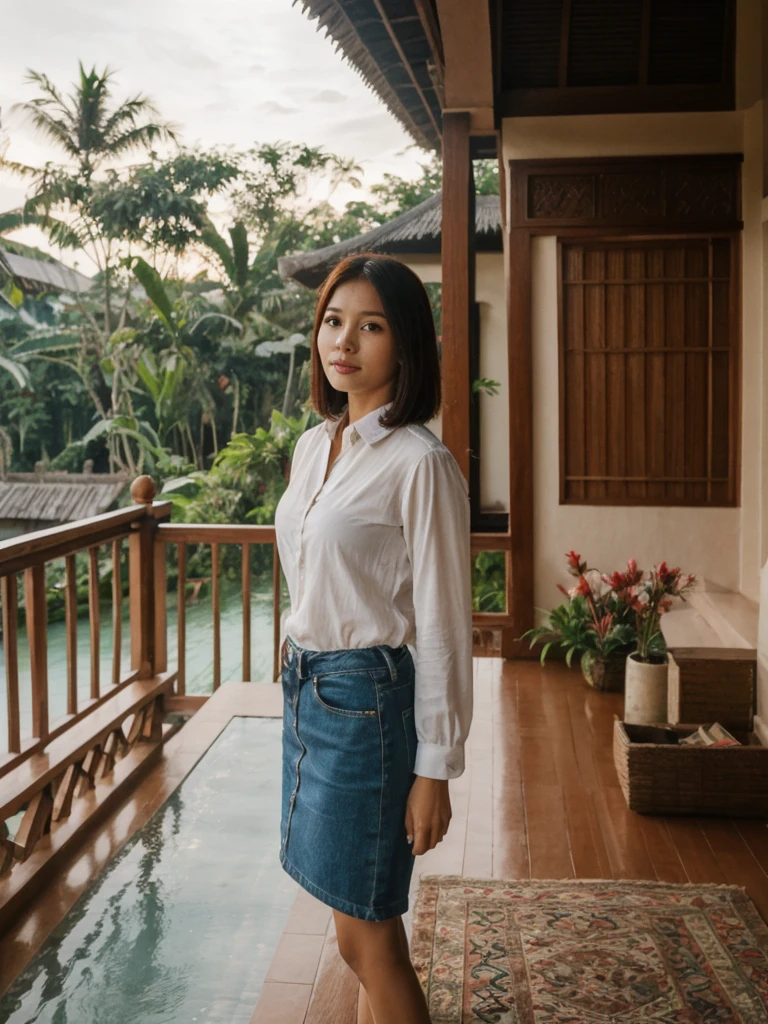 Mina, 1girl, solo, realistic, photorealistic, high quality picture, 8k, high resolution, detailed quality, film grain, natural photo, ultrarealistic, (((25-years-old))), ((detailed wrinkles in her face)), FILIPINA, (Background: Indonesian), (((SLIM))), ((THIN)), (Slender) (Auburn Short hair)), come hither look, fully clothed, Pose: standing, ((standing on her patio in her house in Indonesia)), sunrise, full shot