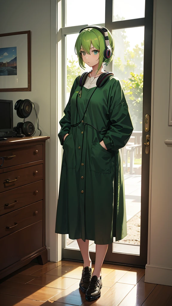 A woman with green hair stood by the window.,Put on the headphones..