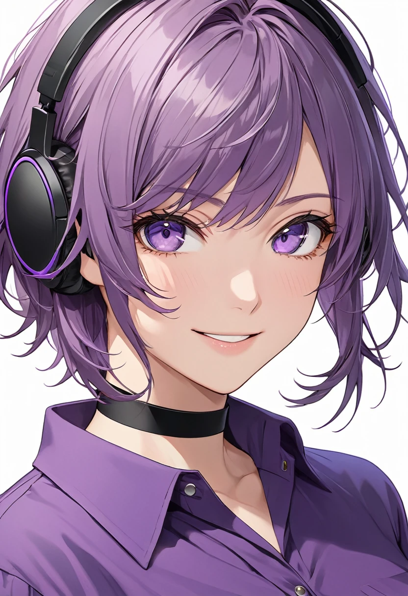 High-resolution anime digital art, Masterpiece, upper body, tomboy, mature, sexy, smart, hair color black, hairstyle short, real detail eyes pupil purple, long purple plain shirt, black chokers, black headphone wireless, Happy face (simple background, white background)