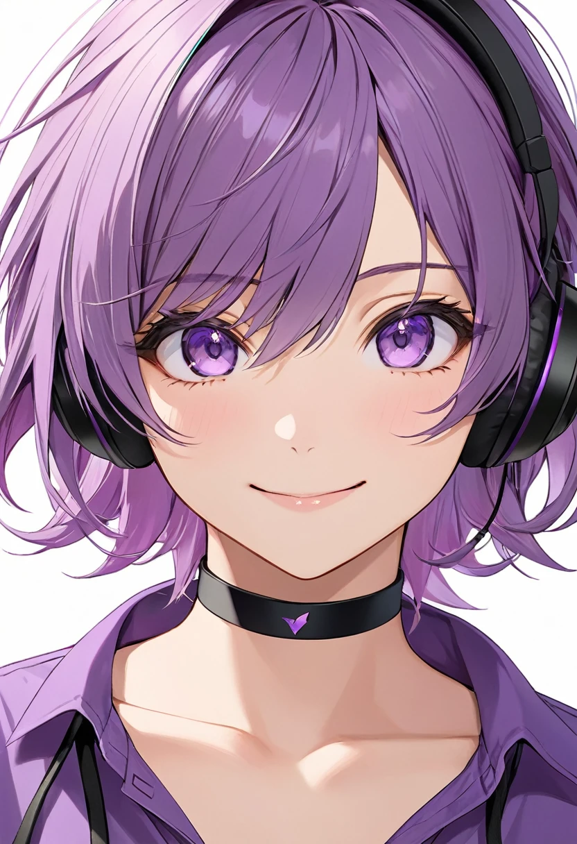 High-resolution anime digital art, Masterpiece, upper body, tomboy, mature, sexy, smart, hair color black, hairstyle short, real detail eyes pupil purple, long purple plain shirt, black chokers, black headphone wireless, Happy face (simple background, white background)
