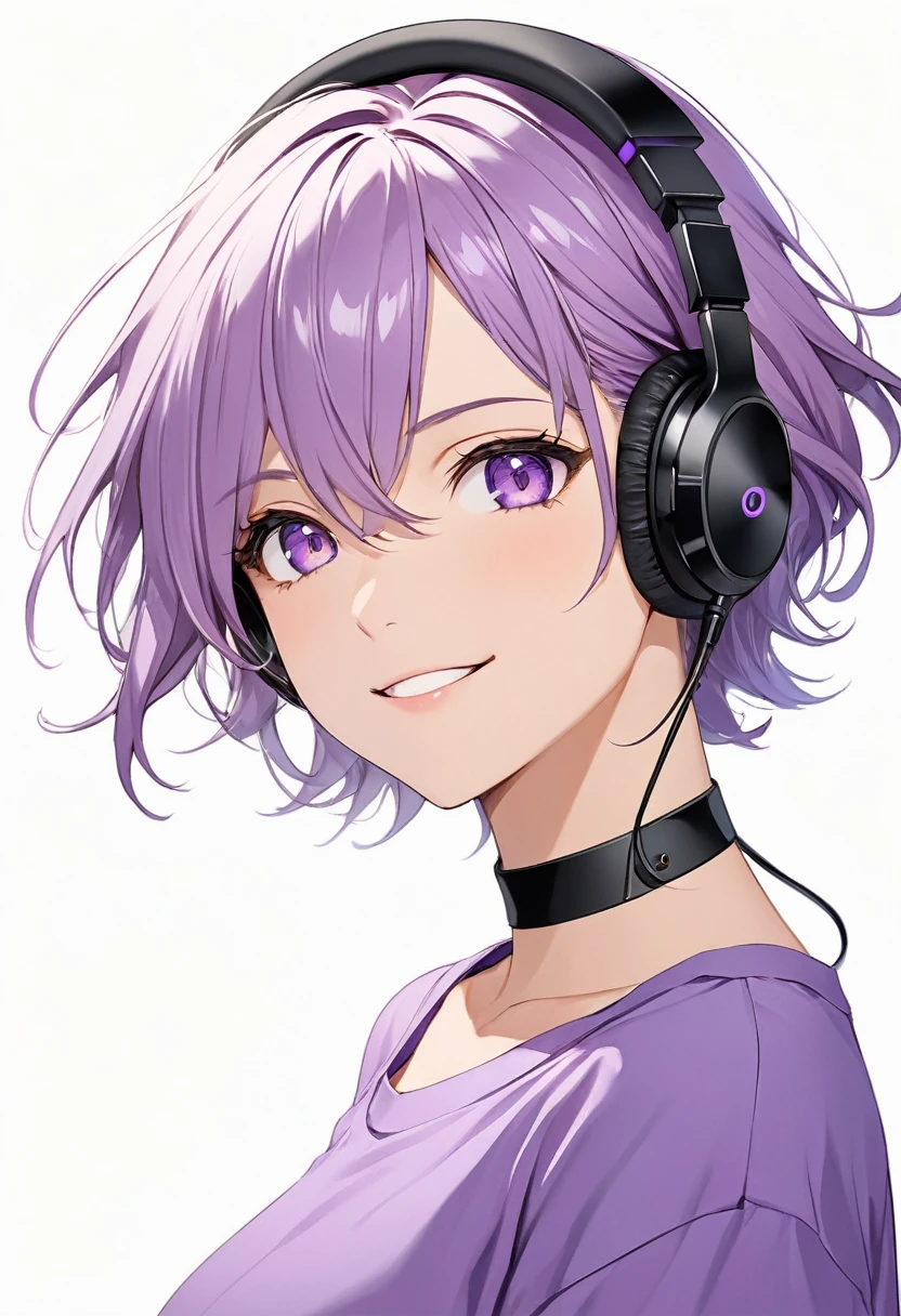 High-resolution anime digital art, Masterpiece, upper body, tomboy, mature, sexy, smart, hair color black, hairstyle short, real detail eyes pupil purple, long purple plain shirt, black chokers, black headphone wireless, Happy face (simple background, white background)