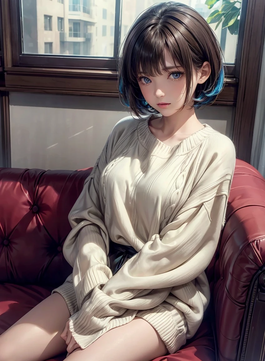 Short brown hair girl lying on sofa，Covered with a blanket，wearing sweater，Clear eyes，（Looking down at the audience：0.8），Loose sleeves，Opened his mouth，By Bangs，White sleeves，White gloves，Blue Hair，1 girl，Smooth and radiant skin，（masterpiece;1.0), (Reality:1.4), (Soft Focus:1.2)