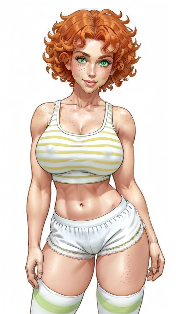 Lacy Lemon, pretty woman, curly ginger hair, midriff, white cloth hotpants,tank top, short shorts, freckles, large breasts,  rubenesque, thigh high striped socks, far shot

green eyes,

white background, blank background, 