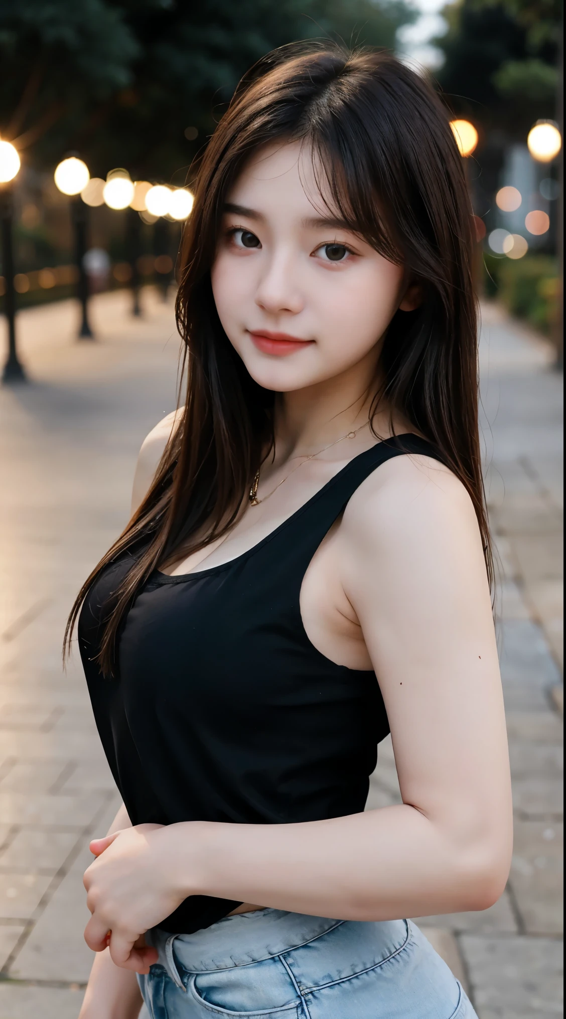 Gorgeus Girl, Beautiful, Baby Face, 20 Years Old, White Skin, Beside, Sexy Pose, wearing black tank top, Bokeh, park Background, Masterpiece, asking for a hug, full body Shot