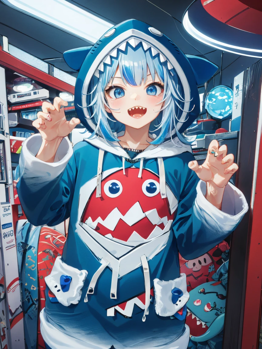 masterpiece, best quality, ultra-detailed, absurdres, colorful, gawr gura, detailed eyes, wide-eyed, eyelashes, looking at viewer, cowboy shot, (blue background:0.9), (standing:0.7), blue hoodie, shark tail, sharp teeth, claw pose, hood up, (Smiley Face:1.0), pockets, hands up，Neon，Board background