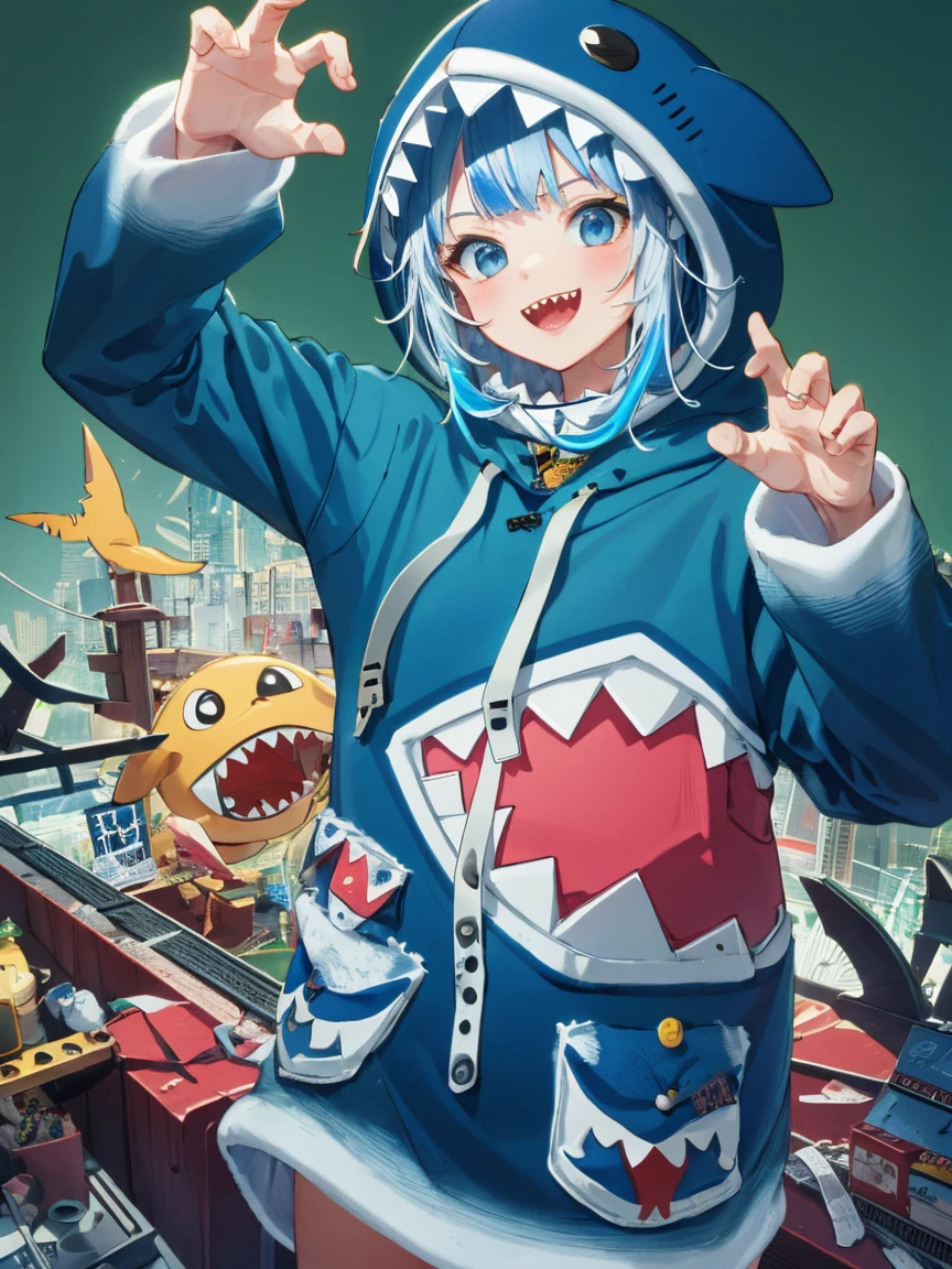 masterpiece, best quality, ultra-detailed, absurdres, colorful, gawr gura, detailed eyes, wide-eyed, eyelashes, looking at viewer, cowboy shot, (blue background:0.9), (standing:0.7), blue hoodie, shark tail, sharp teeth, claw pose, hood up, (Smiley Face:1.0), pockets, hands up，Neon，Board background