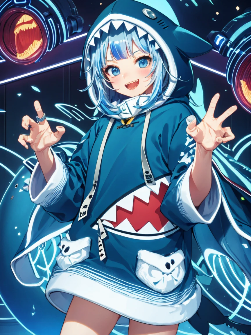 masterpiece, best quality, ultra-detailed, absurdres, colorful, gawr gura, detailed eyes, wide-eyed, eyelashes, looking at viewer, cowboy shot, (blue background:0.9), (standing:0.7), blue hoodie, shark tail, sharp teeth, claw pose, hood up, (Smiley Face:1.0), pockets, hands up，Neon，Board background