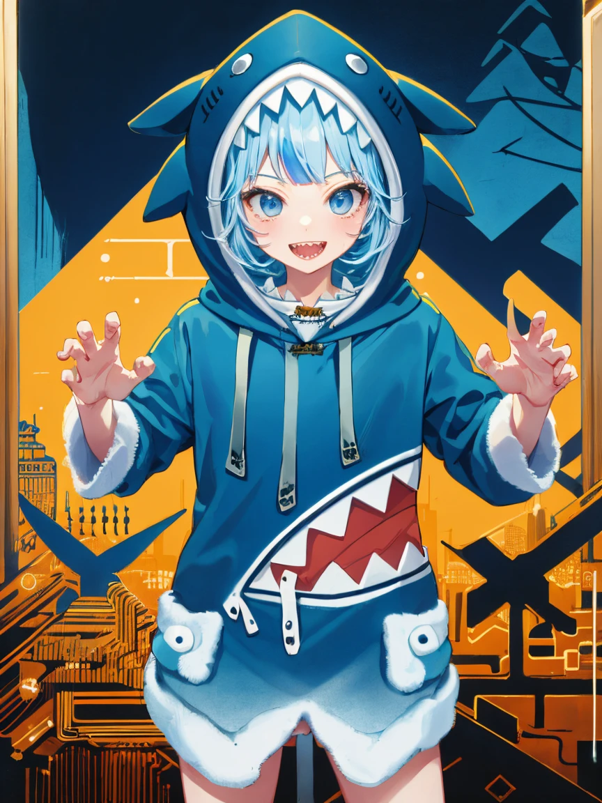 masterpiece, best quality, ultra-detailed, absurdres, colorful, gawr gura, detailed eyes, wide-eyed, eyelashes, looking at viewer, cowboy shot, (blue background:0.9), (standing:0.7), blue hoodie, shark tail, sharp teeth, claw pose, hood up, (Smiley Face:1.0), pockets, hands up，Neon，Board background