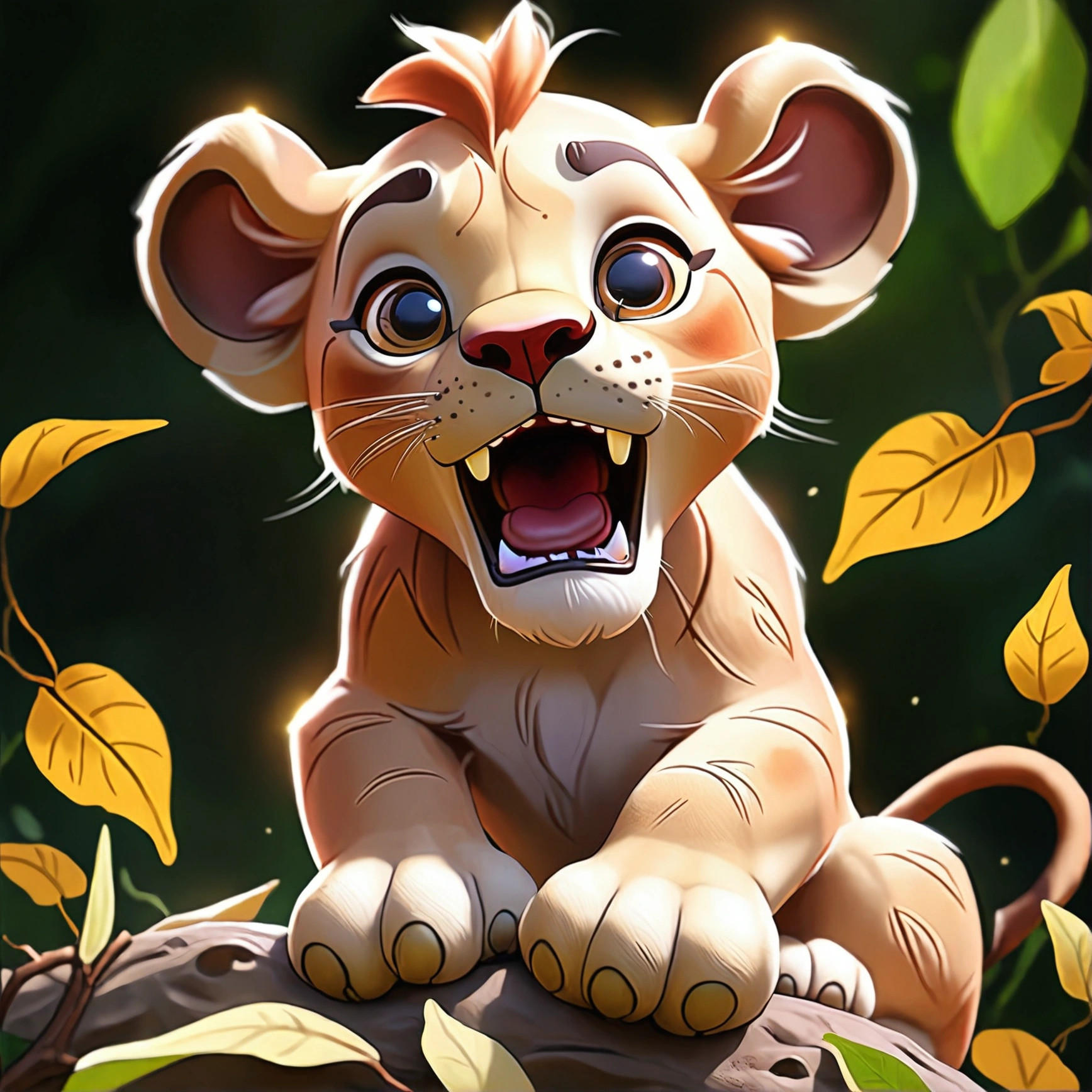 Suddenly, the female lion cub heard a loud howl coming from the bushes. The leaves nearby trembled.
