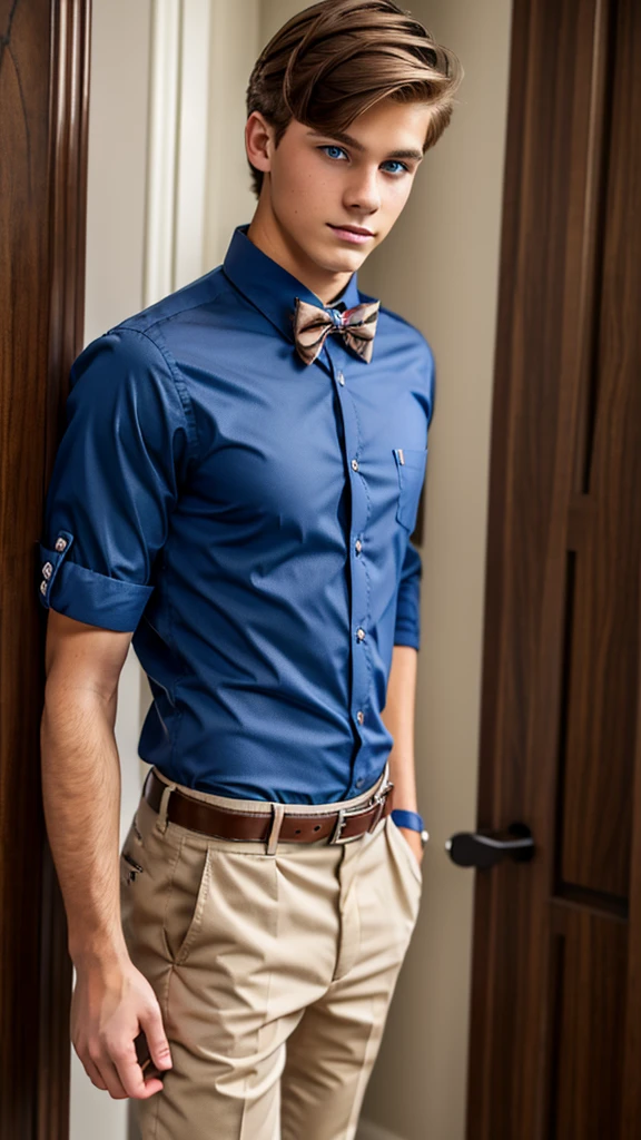 19 year old male wearing bow tie and lomg sleveed button up with belt and tucked in
4K HIGH REZ 

Physical Description: Brown colored hair and skinny build. 5"5 and 150 LB. Blue eyes. 

.