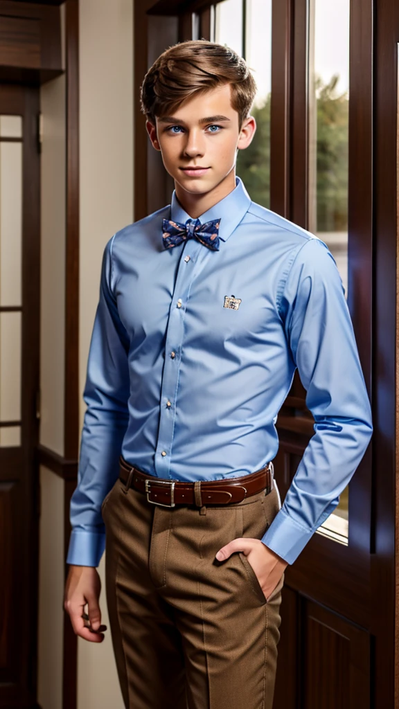 19 year old male wearing bow tie and lomg sleveed button up with belt and tucked in
4K HIGH REZ 

Physical Description: Brown colored hair and skinny build. 5"5 and 150 LB. Blue eyes. 

.