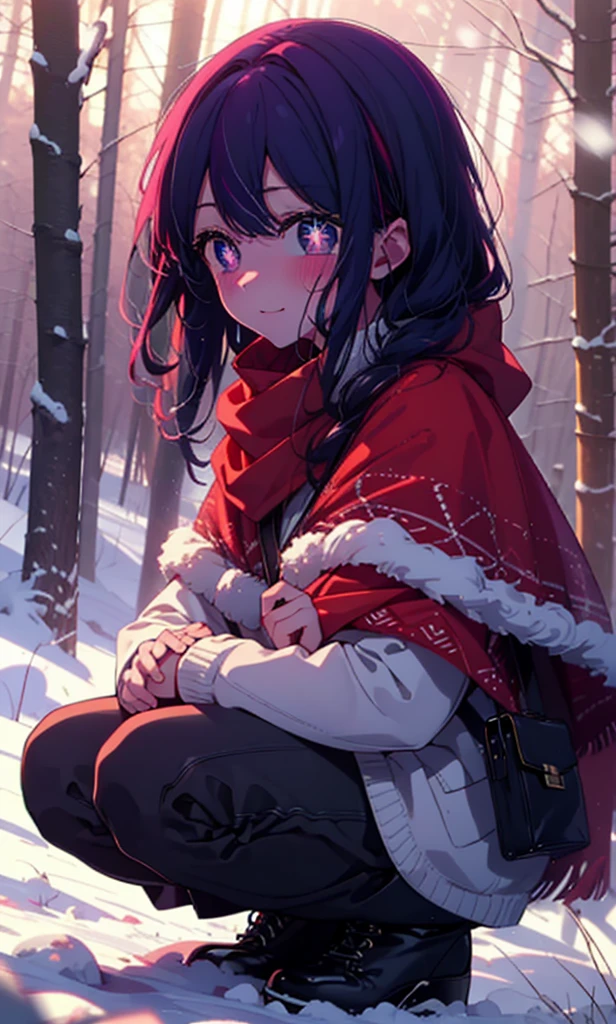 aihoshino, Ai Hoshino, Long Hair, bangs, (Purple eyes:1.1), Purple Hair, (Symbol-shaped pupil:1.5), smile,,smile,blush,White Breath,
Open your mouth,snow,Ground bonfire, Outdoor, boots, snowing, From the side, wood, suitcase, Cape, Blurred, , forest, White handbag, nature,  Squat, Mouth closed, Cape, winter, Written boundary depth, Black shoes, red Cape break looking at viewer, Upper Body, whole body, break Outdoor, forest, nature, break (masterpiece:1.2), Highest quality, High resolution, unity 8k wallpaper, (shape:0.8), (Beautiful and beautiful eyes:1.6), Highly detailed face, Perfect lighting, Extremely detailed CG, (Perfect hands, Perfect Anatomy),