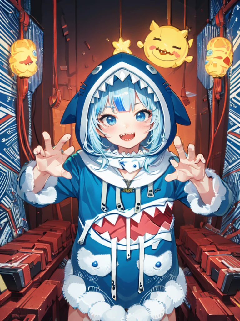 masterpiece, best quality, ultra-detailed, absurdres, colorful, gawr gura, detailed eyes, wide-eyed, eyelashes, looking at viewer, cowboy shot, (blue background:0.9), (standing:0.7), blue hoodie, shark tail, sharp teeth, claw pose, hood up, (Smiley Face:1.0), pockets, hands up，Neon，Board background