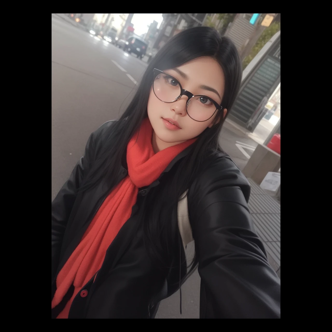 A woman with a round face, long black hair, side hairstyle medium nose, medium lips, large eyes with medium square lenses and purple rim, closed black jacket, Brown eyes
