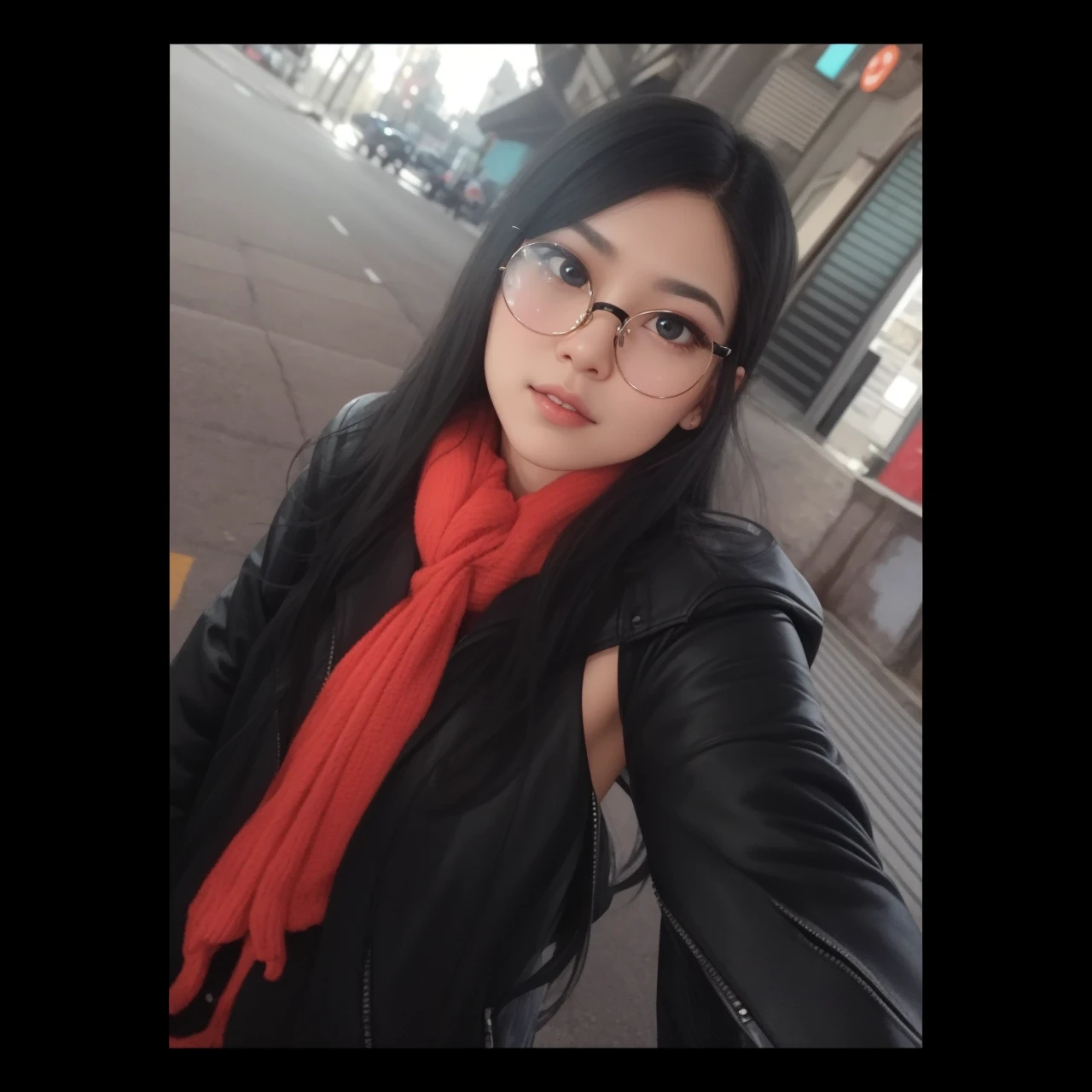 A woman with a round face, long black hair, side hairstyle medium nose, medium lips, large eyes with medium square lenses and purple rim, closed black jacket, Brown eyes