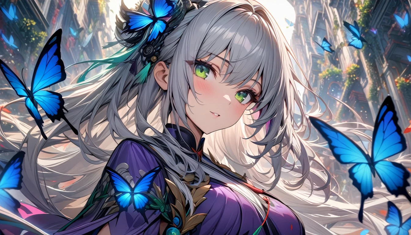 ((masterpiece)), (((best quality))), ((extremely detailed)), colorful, hdr, 1girl, solo, upper body, grey hair,green eye, luotianyi (xiachong),xiachong, black and purple dress, (blue butterfly), white butterfly wings