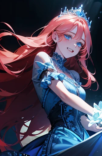 A princess laughing joyfully, detailed face, blue eyes, bioluminescent red dress, very long hair, flying hair, magical, high resolution, masterpiece