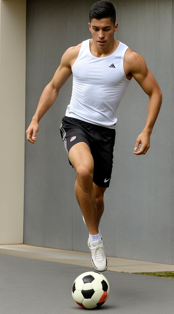  handsome guy, athletic build, Peruvian nationality, in move, one leg is bent and kicks a soccer ball, one foot is on the ground, full length, semi-sideways, wearing a white sleeveless tank top and black shorts, Excellent quality, Photo, excellent dentalization, high quality 