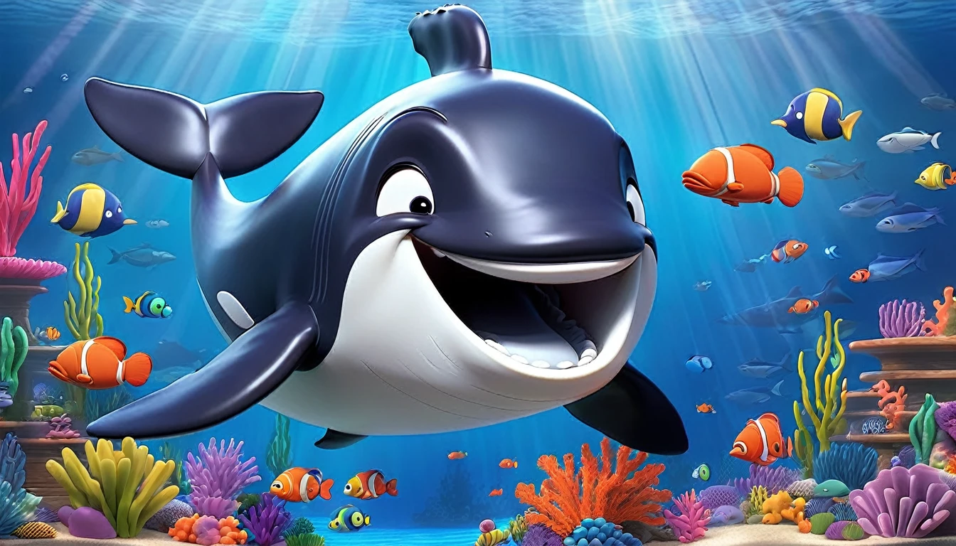 Create a 3-D Pixar style art scene for kids featuring an older whale with a caption indicating it is over 100 years old. The scene should be colorful and vibrant, with an ocean background, coral reefs, and schools of fish. The overall mood should be engaging and inviting for young children.