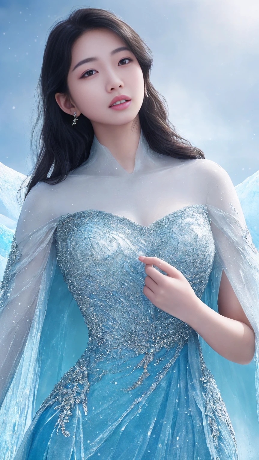 最high quality、high quality、Best image quality、8K、最High resolution、High resolution、最high quality、masterpiece、RAW Photos、whole body写真、Detailed and realistic human body、Detailed and realistic skin、Realistic face in every detail、Detailed and realistic eyes、Detailed and realistic lips、Detailed and realistic teeth、Detailed and realistic ears、Detailed and realistic hair、Realistic reproduction of every detail、((Beautiful Hands(thumb1、reference4))、Realistic feet down to the last detail、((Beautiful Japanese Girl))、(Japanese Model)、 Year old beautiful girl))、(Black Hair)、(Random Hairstyles)、((whole body))、((Slim and perfect figure))、(Beautiful and firm breasts)、(whole body光沢肌、Fair skin)、Snow Mountain、Mount Everest、((Mysterious Cloth Wrapped in Ice(A dress made of ice))、((Frozen Dress))、((The cool dress shows off her curves.))、((Her skin is clearly visible through her ice dress.))、Sexy pose