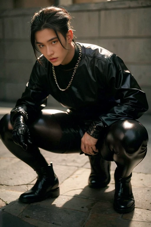 ((Best Quality, 8K, ultra-detailed, Masterpiece: 1.3)), 1boy, shiny skin, sharp, Perfect Body Beauty, realistic shaded perfect body, (cute baby face:1.1),("bodysuit, techwear,big bulge ":1.2),("leggins , armor":1.1),("glove, armor":1.1 ),(techwear)(dynamic pose:1.1), thigh , battle field , (bulge focus:1.2) ,squatting, bare thighs , bare hips, only boy , only male
