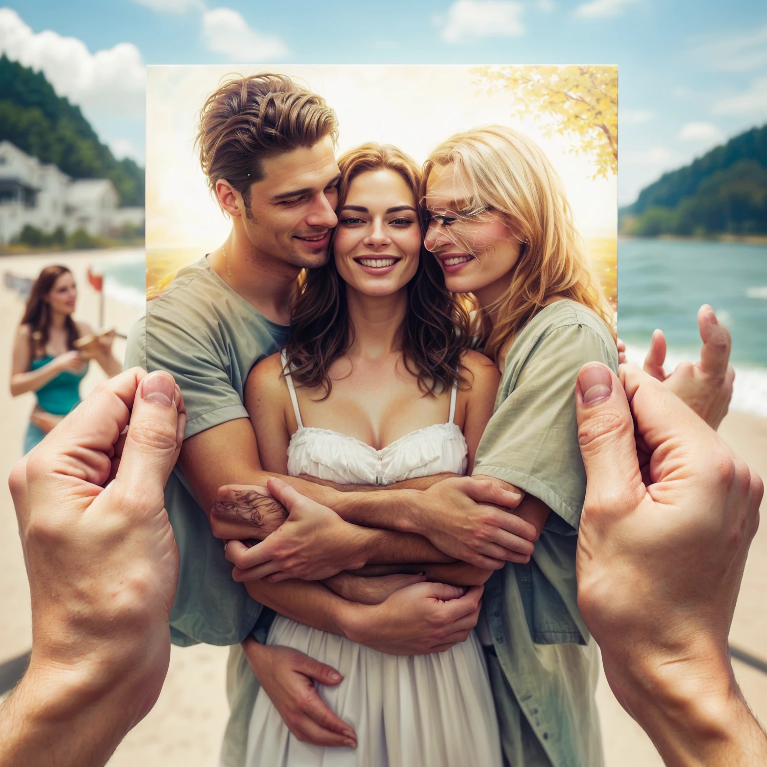 there is a man and woman holding a picture of a man and woman, realistic painting style, super realistic painting style, realistic pictures, beautiful realistic photo, photorealistic art style, realistic artwork, super realistic photo, realistic portrait photo, realistic art, photorealistic photo, photo realistic portrait, photo realistic style, high quality portrait, realistic photo, photo hyper realistic