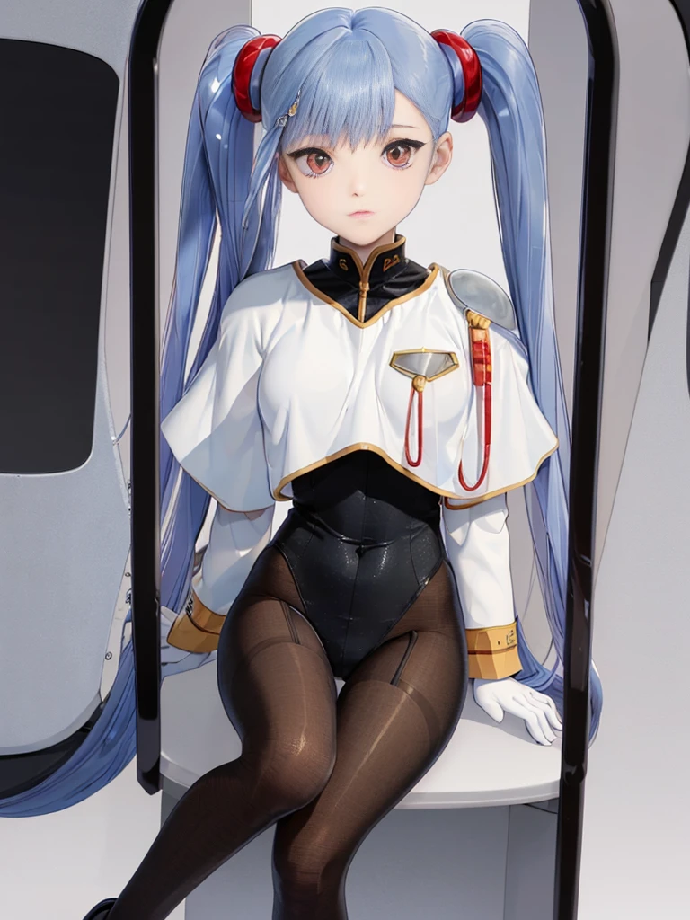 18-year-old girl, Exposed skin,Split underwear.Blanche.Nipples, black tights , Red eyes,Long twin tails, Light blue hair, Beautiful Face, Spaceship, Dynamic pose, commander,  Perfect Anatomy,pants,Low angle,Sitting pose ,M-shaped leg pose, Emphasis on the groin.