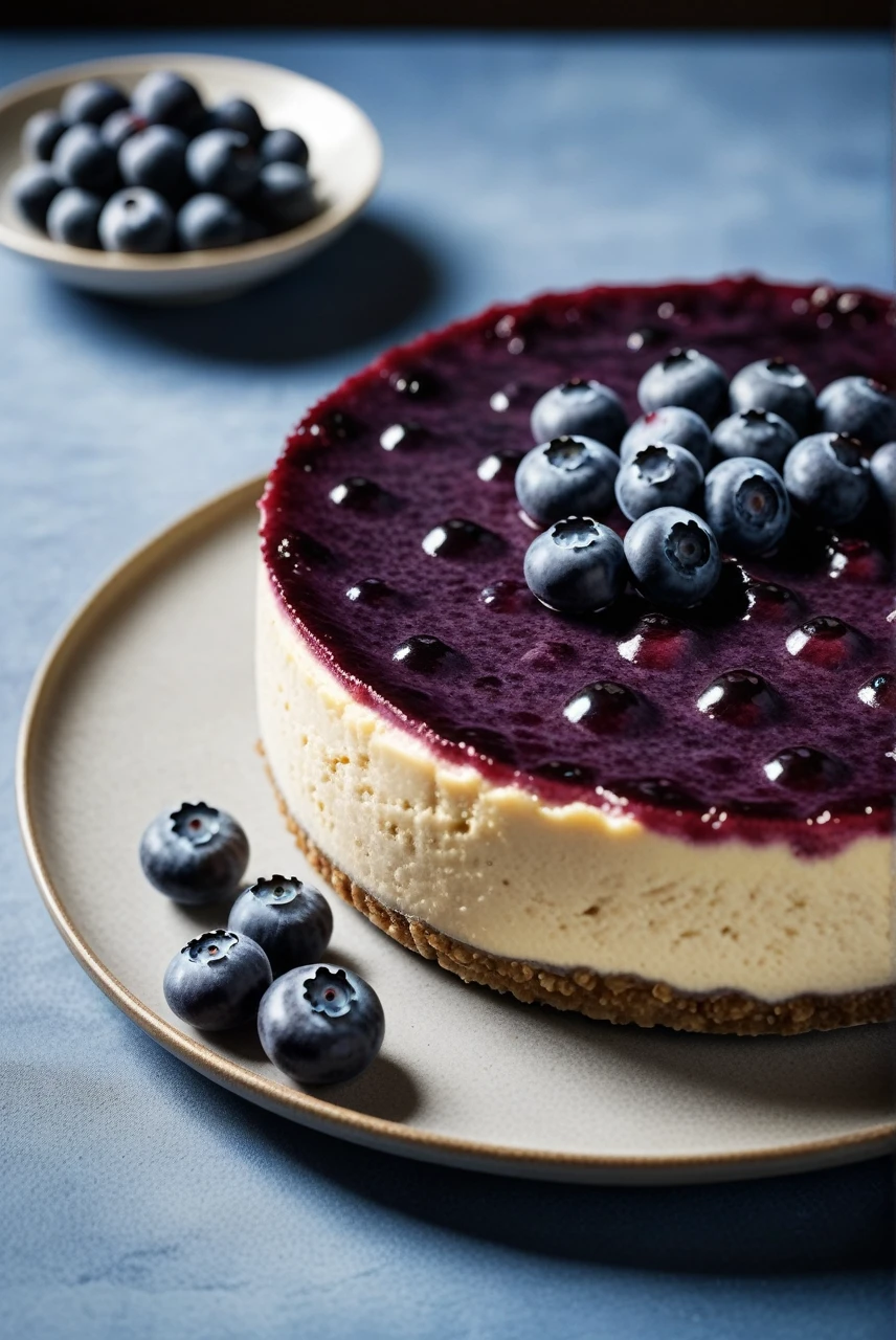 Documentary RAW Photography,a Blueberry Cheesecake, highlighting its exquisite, lacy texture and impeccable balance. The composition should evoke an irresistible urge to taste, with every detail crafted to inspire both amateur and seasoned cooks, (sharpness in detail:1.1), masterpiece, 35mm photograph, (iconic photograph:1.4), (visual storytelling:1.2), film grain, award winning photography,vibrant use of light and shadow, high quality textures of materials, volumetric textures perfect composition, dynamic play of light, rich colors, epic shot, perfectly quality, natural textures,high detail, photoshadow, (natural colors, correct white balance, color correction, dehaze),(intricate detailed), 8k