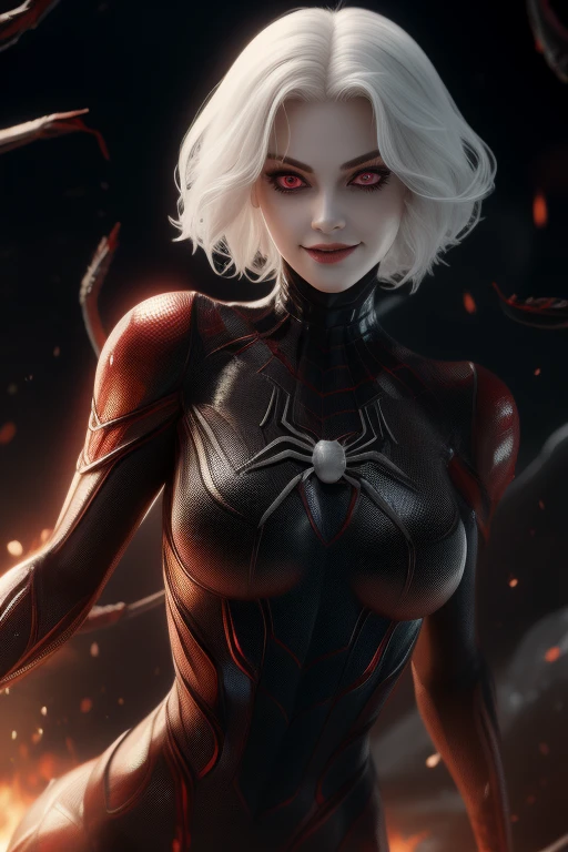 spider girl, White hair, white eyelashes, big eyes, Red eyes,spider body, chaetinous skin, smiles slyly, hands reach out to the viewer,burning eyes, face with patterns , seductive body, full length, black widow spider body,