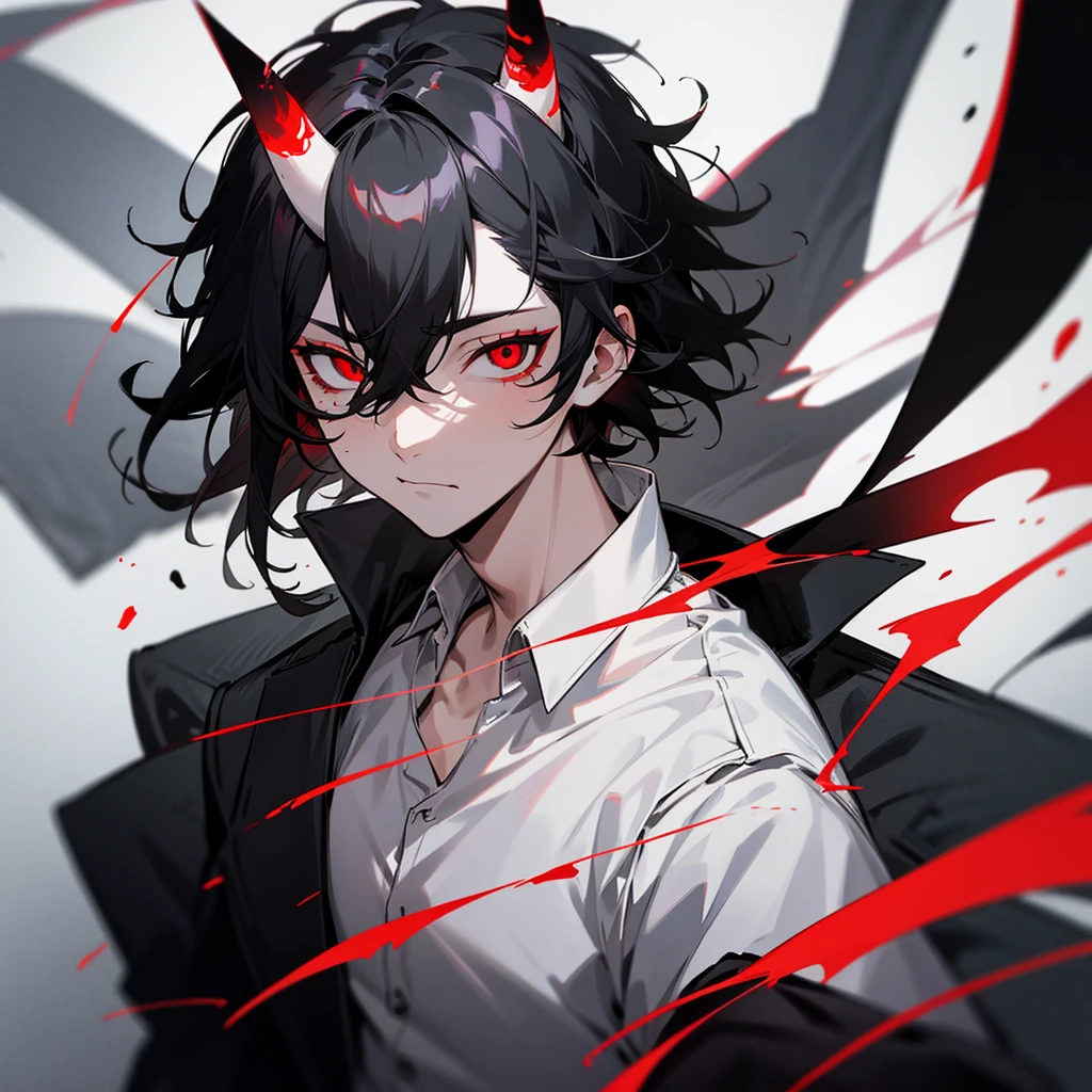 Generate anime boy with short black messy hair, red eyes, gray demonic horn, black jacket and white shirt, black eye sclera, black spot on cheek