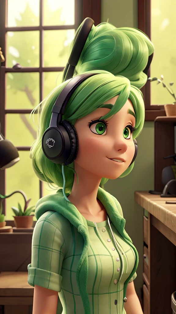 A woman with green hair stood by the window.,Put on the headphones..