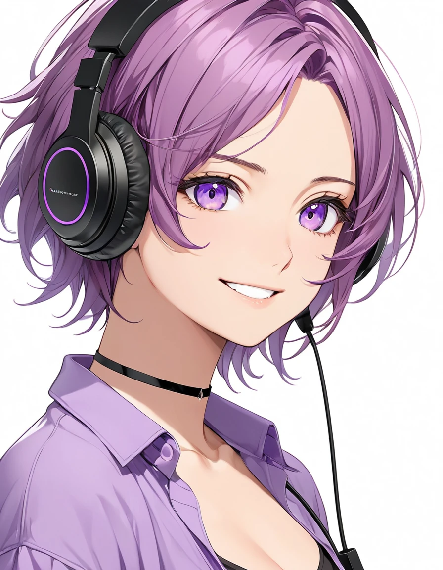 High-resolution anime digital art, Masterpiece, upper body, tomboy, mature, sexy, smart, hair color black, hairstyle short, real detail eyes pupil purple, long purple plain shirt, black chokers, black headphone wireless, Happy face (simple background, white background)