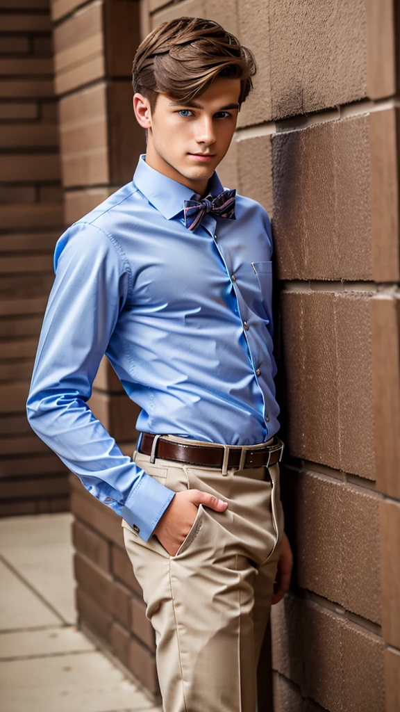 19 year old male wearing bow tie and lomg sleveed button up with belt and tucked in
4K HIGH REZ 

Physical Description: Brown colored hair and skinny build. 5"5 and 150 LB. Blue eyes. 

.