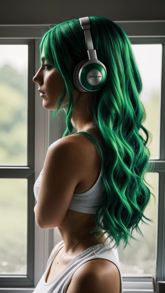 A woman with green hair stood by the window.,Put on the headphones..