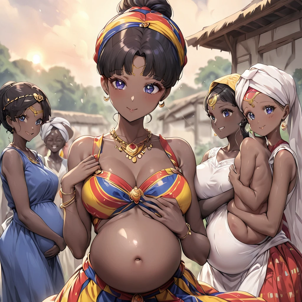 ((Highest quality)), ((masterpiece)), (detailed), (Perfect Face)、The woman is a Ghanaian born Tsukino Usagi with a vivid dark skin, black by birth, and is wearing a colorful Ghanaian dress from a Ghanaian village, a colorful turban head scarf, gorgeous jeweled accessories, and an engagement ring.、The woman is the elegant Tsukino Usagi, with her short black afro hair tied up in a Ghana braid, wearing a colorful Ghanaian dress and a colorful turban head scarf, with vibrant dark brown skin, a natural-born black person, and a natural-born Ghanaian, Tsukino Usagi.、(The woman is a black Ghanaian with vivid dark brown skin.)、The woman is raising her with other village girls in a village in Ghana.、The women are pregnant、The women are holding their baby daughters、There are many children around