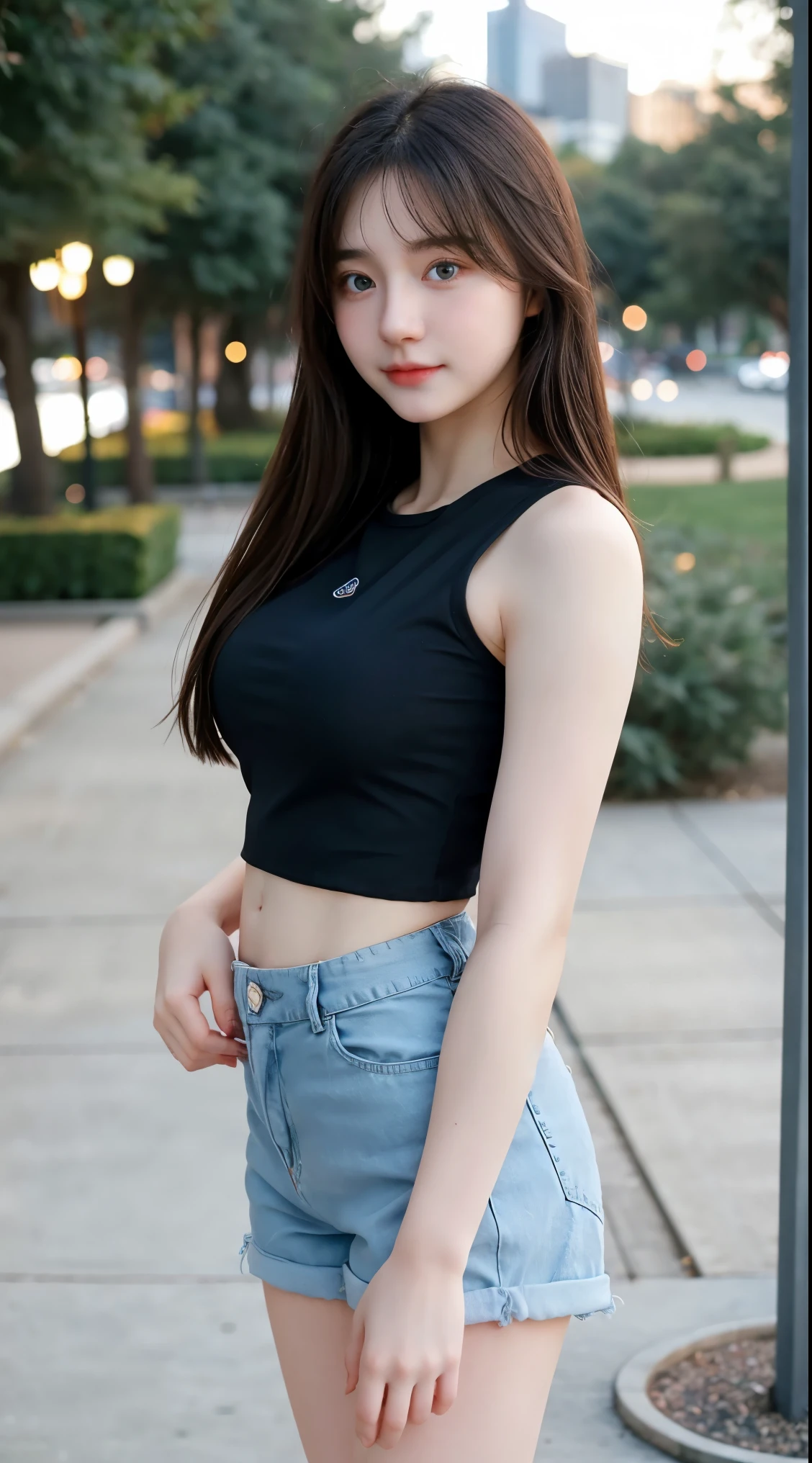 Gorgeus Girl, Beautiful, Baby Face, 20 Years Old, White Skin, Beside, Sexy Pose, wearing black tank top, Blue Eye, Bokeh, park Background, Masterpiece, asking for a hug, full body Shot, short pants