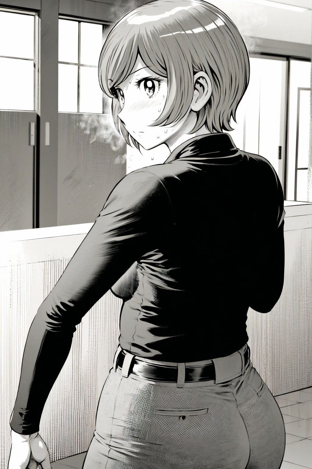 、(masterpiece、Highest quality)、Highest quality, Ultra-high resolution, (((masterpiece))), alone, Sweat、Big eyes,Tight black shirt、Tight white pants、belt、indoor、Composition from the front、(Cut the back hair short、short hair、blonde、woman)、Shortcuts、Embarrassed face、Cut your hair short、可愛いwomanの子、Big Breasts、office