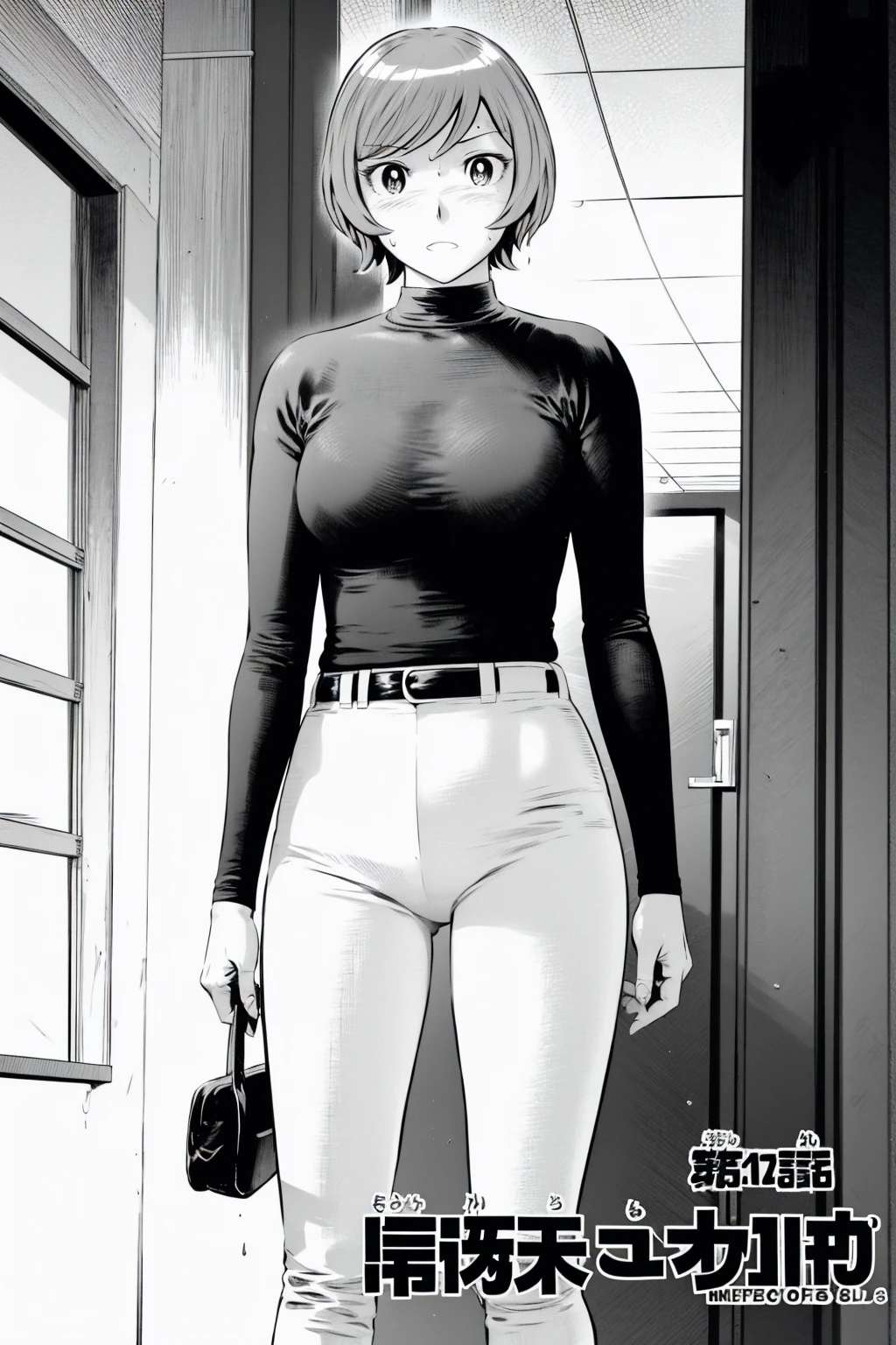 、(masterpiece、Highest quality)、Highest quality, Ultra-high resolution, (((masterpiece))), alone, Sweat、Big eyes,Tight black shirt、Tight white pants、belt、indoor、Composition from the front、(Cut the back hair short、short hair、blonde、woman)、Shortcuts、Embarrassed face、Cut your hair short、可愛いwomanの子、Big Breasts、office