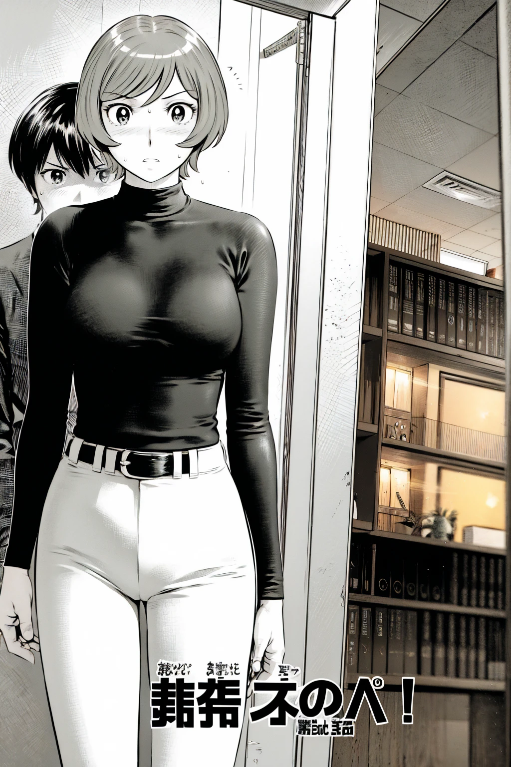 、(masterpiece、Highest quality)、Highest quality, Ultra-high resolution, (((masterpiece))), alone, Sweat、Big eyes,Tight black shirt、Tight white pants、belt、indoor、Composition from the front、(Cut the back hair short、short hair、blonde、woman)、Shortcuts、Embarrassed face、Cut your hair short、可愛いwomanの子、Big Breasts、office