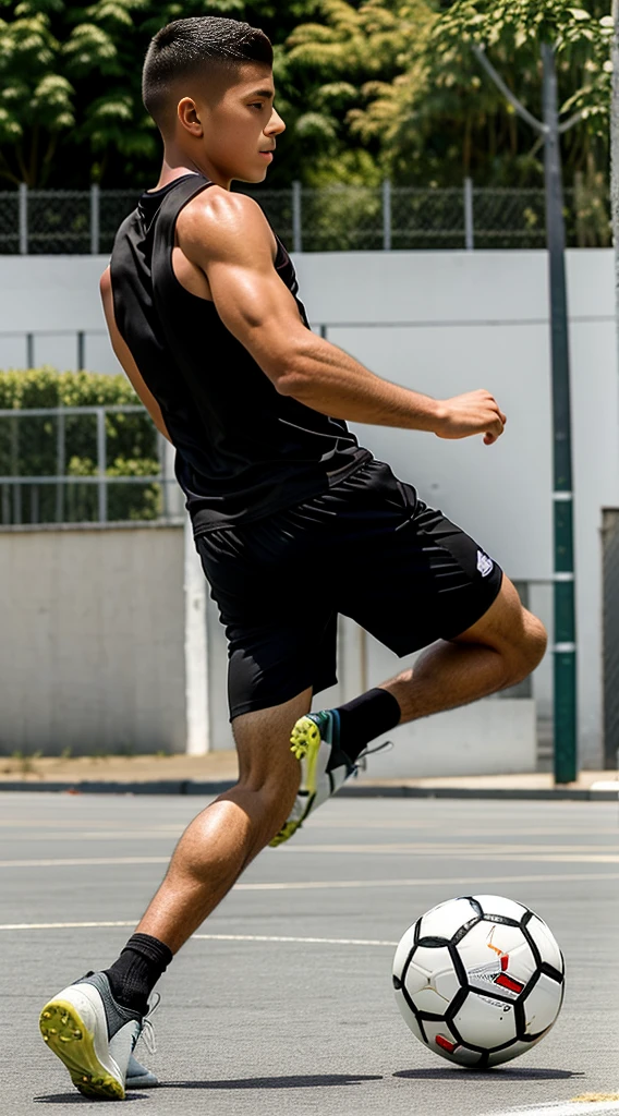 boy, street football player, athletic build, Peruvian nationality, in move, one leg is bent and kicks a soccer ball, one foot is on the ground, full length, semi profile, wearing a white sleeveless tank top and black shorts, Excellent quality, Photo, excellent dentalization, high quality